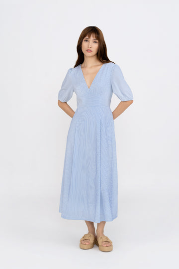 Yacht21, Yacht 21, yacht21, yacht 21, Y21, y21, womenswear, ladieswear, ladies, fashion, clothing, fuss-free, low ironing, casual, easy, versatile, comfortable, elegant, feminine, classic, dress, maxi dress, maxi, knit, sleeves, v-neck, sleeve, ribbon, occasion, striped, flowy, romantic, simple, blue, pockets, Delaney V-Neck Striped Maxi Dress