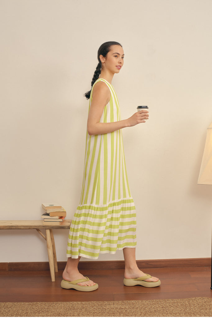 Yacht21, Yacht 21, yacht21, yacht 21, Y21, y21, womenswear, ladieswear, ladies, fashion, clothing, fuss-free, low ironing, casual, easy, versatile, comfortable, sleeveless, maxi dress, maxi, dress, staple, striped, simple, tiered, green, Blythe Vertical Wide-Striped Maxi Dress in Chartreuse Green